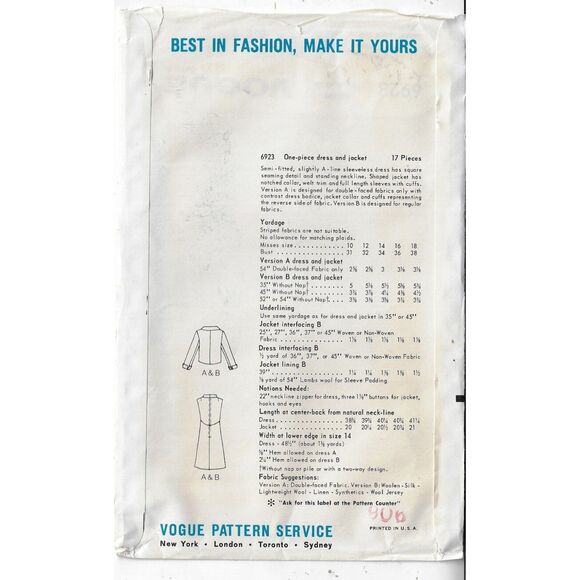 60s Womens One Piece Dress and Jacket Vogue Sewing Pattern 6923 Size 16 Bust 31 - Picture 2 of 2